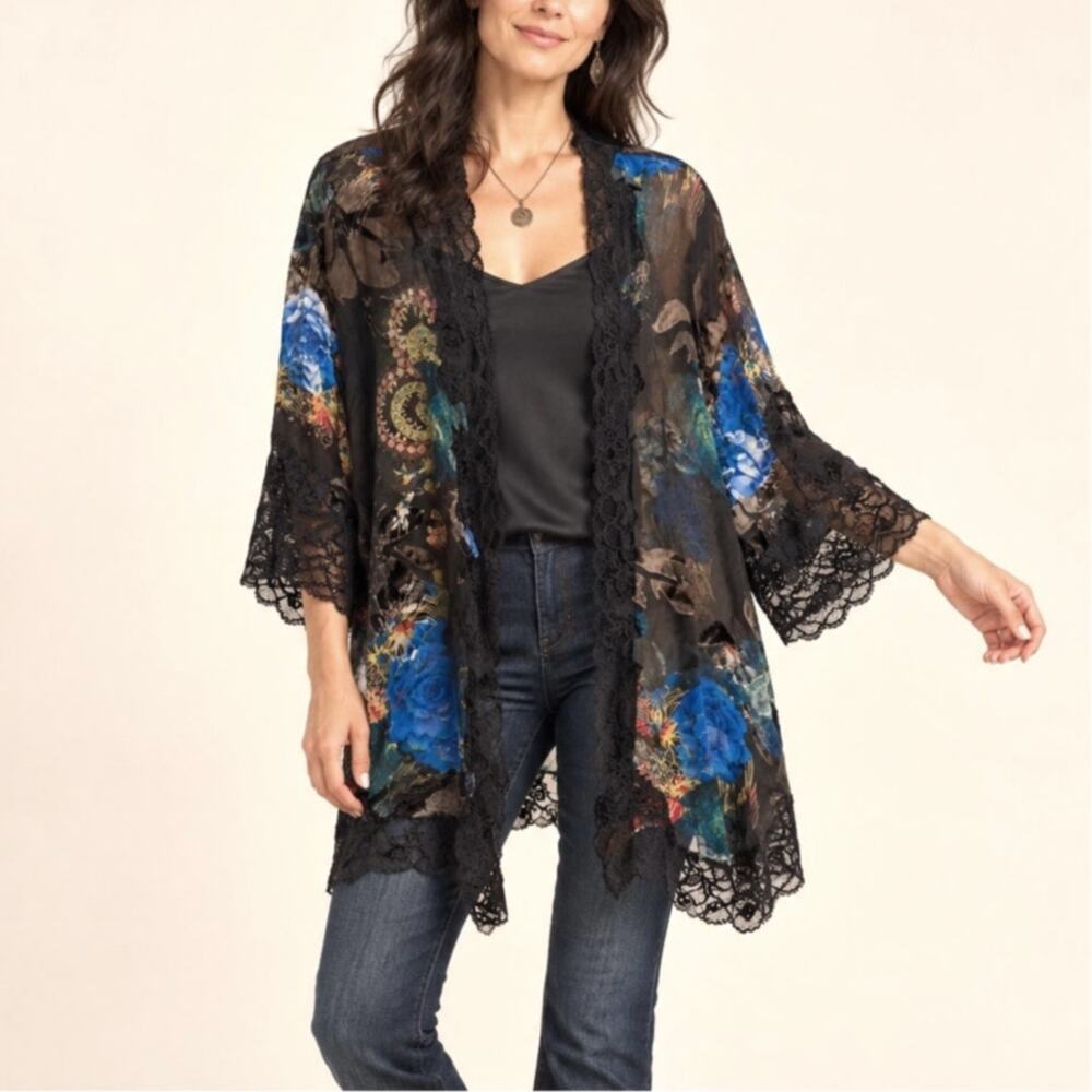 Anthropologie Mary Green O/S Sheer Silk Velvet Burnout Kimono Lace Jacket Boho